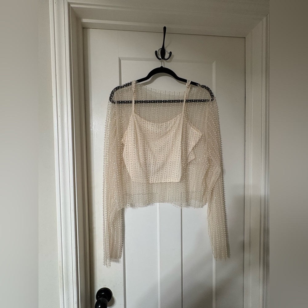 Altar’d State Sheer Beaded Cream Cropped Top with Camisole